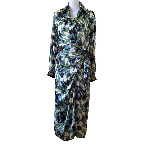 Dress Forum Long Sleeves V-neck Wrap Midi Dress Multicolor Green Size M NWT - Picture 8 of 8